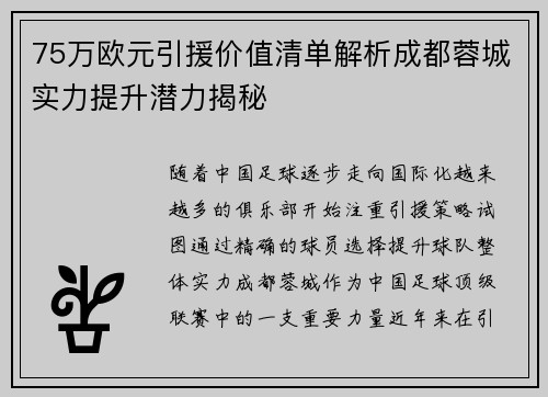 75万欧元引援价值清单解析成都蓉城实力提升潜力揭秘
