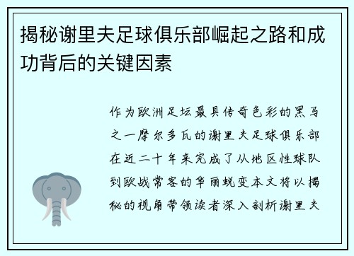 揭秘谢里夫足球俱乐部崛起之路和成功背后的关键因素